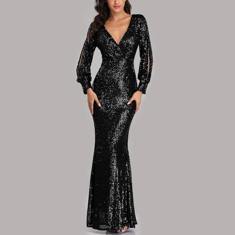 Elegant Black Sequin Long Sleeve Dress